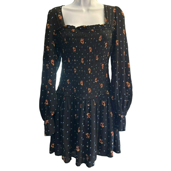 Free People Women's Black Floral Smocked Two Faces Mini Dress Sz Small Y2K Style - Picture 1 of 7
